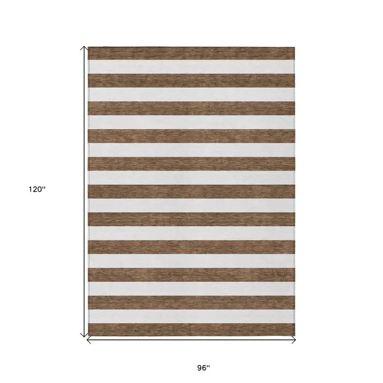 8' X 10' Chocolate Striped Washable Non Skid Indoor Outdoor Area Rug