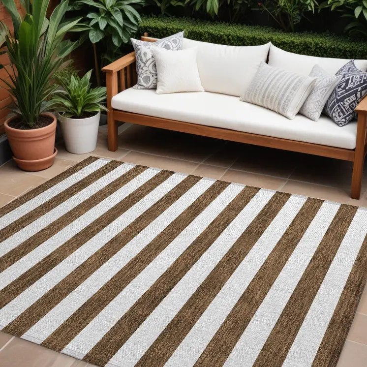 9' X 12' Chocolate Striped Washable Non Skid Indoor Outdoor Area Rug