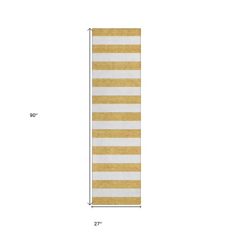 8' Runner Gold Striped Washable Non Skid Indoor Outdoor Runner Rug