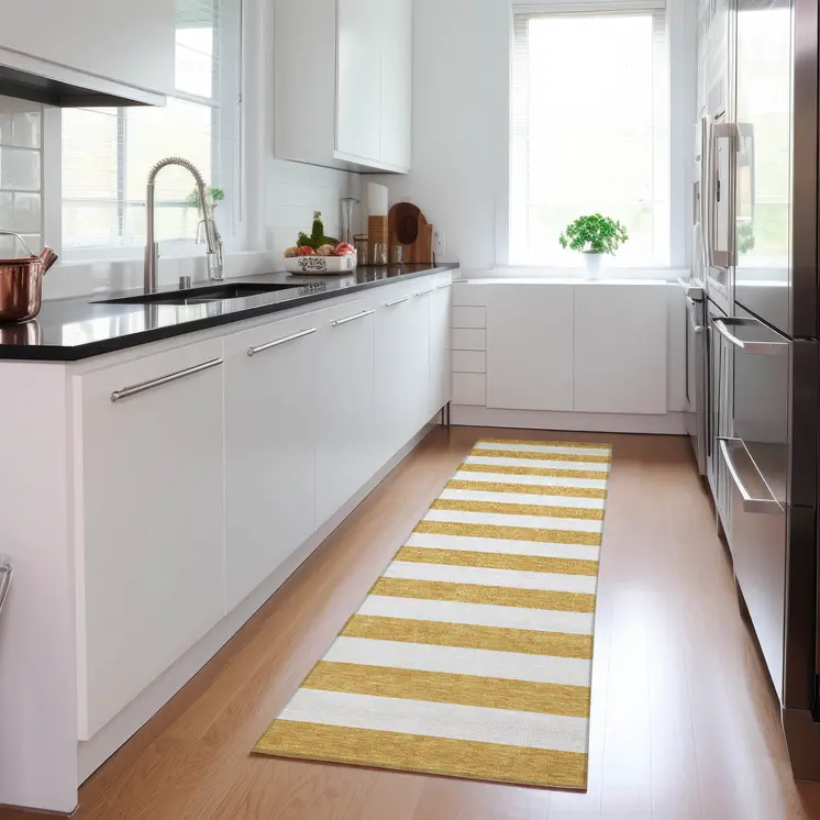 8' Runner Gold Striped Washable Non Skid Indoor Outdoor Runner Rug