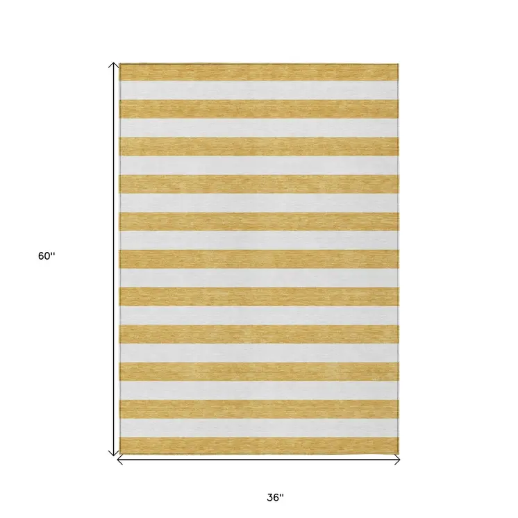 3' X 5' Gold Striped Washable Non Skid Indoor Outdoor Area Rug