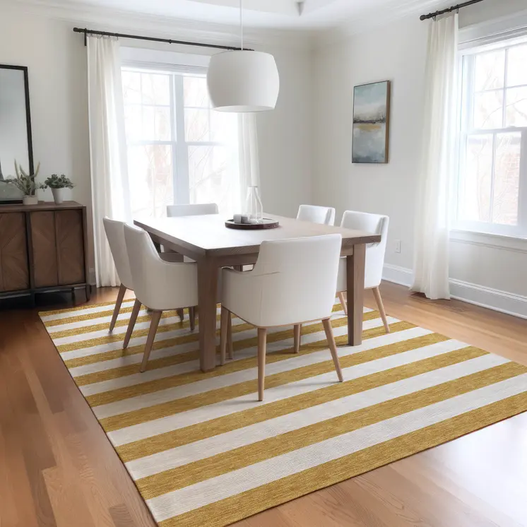 5' X 8' Gold Striped Washable Non Skid Indoor Outdoor Area Rug
