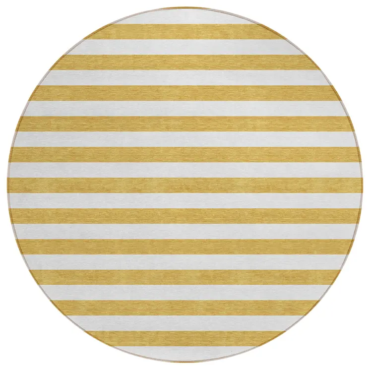 8' Round Gold Round Striped Washable Non Skid Indoor Outdoor Area Rug