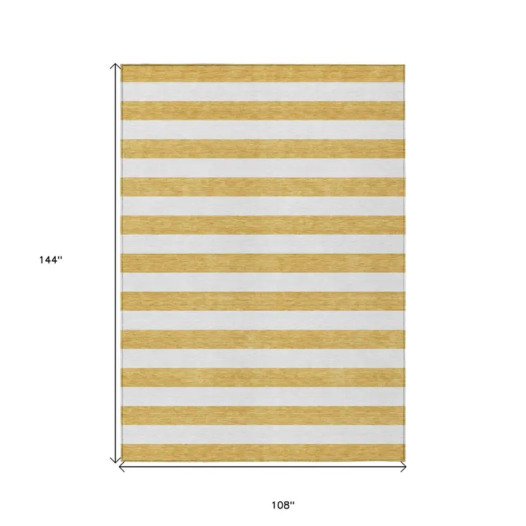 9' X 12' Gold Striped Washable Non Skid Indoor Outdoor Area Rug