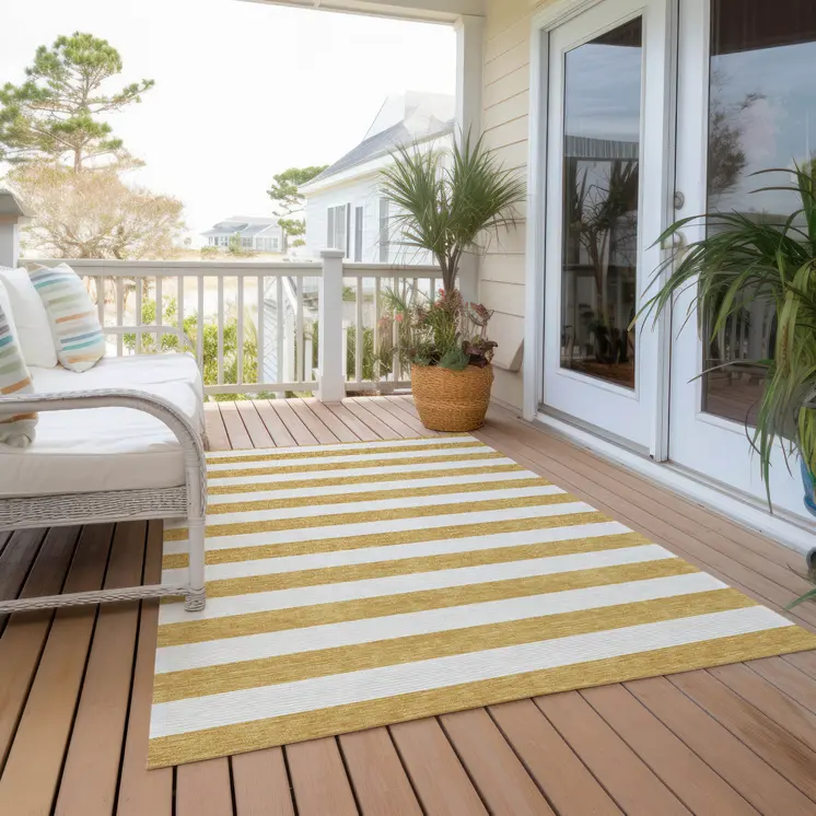 9' X 12' Gold Striped Washable Non Skid Indoor Outdoor Area Rug