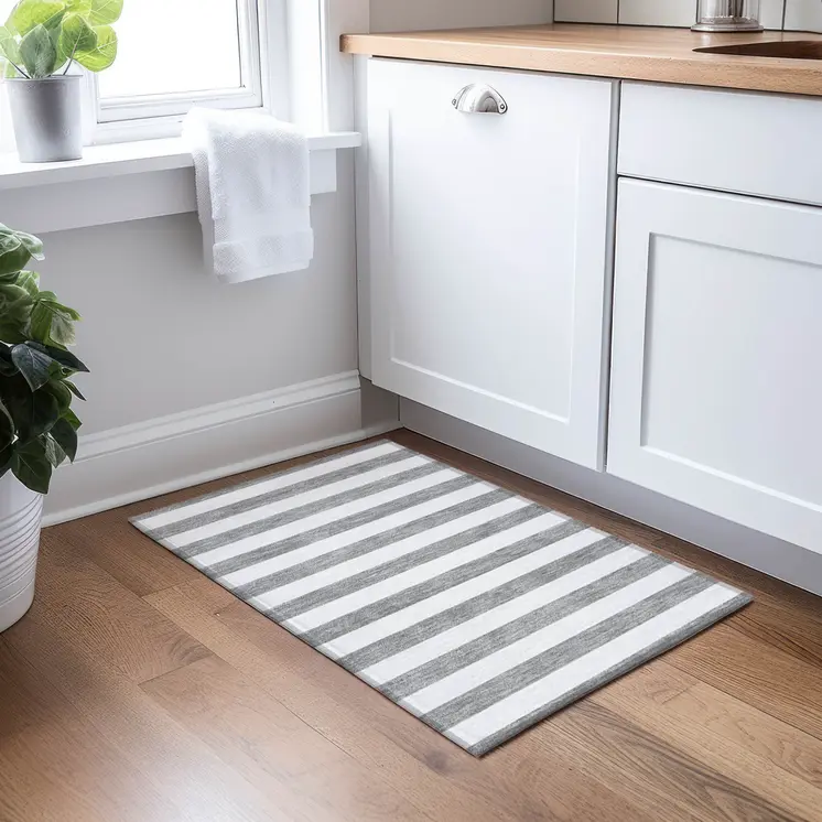 2' X 3' Gray and White Striped Washable Non Skid Indoor Outdoor Area Rug