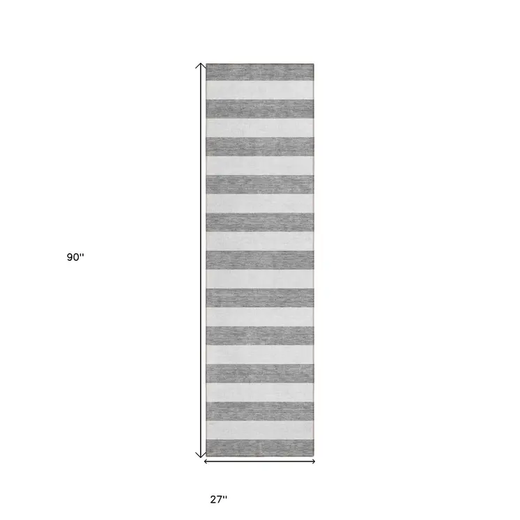 8' Runner Gray and White Striped Washable Non Skid Indoor Outdoor Runner Rug