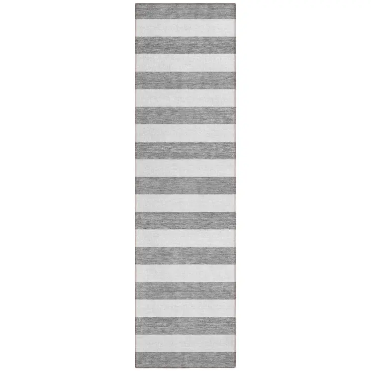 8' Runner Gray and White Striped Washable Non Skid Indoor Outdoor Runner Rug
