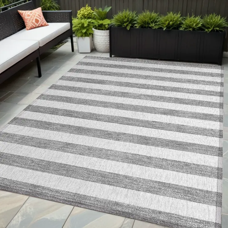 5' X 8' Gray and White Striped Washable Non Skid Indoor Outdoor Area Rug