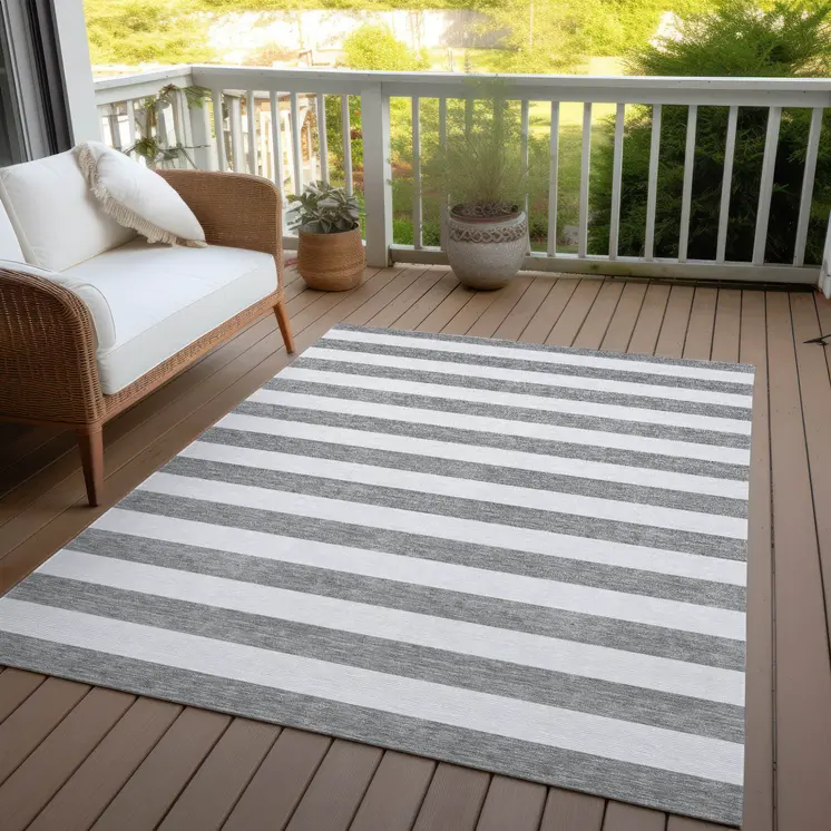 9' X 12' Gray and White Striped Washable Non Skid Indoor Outdoor Area Rug