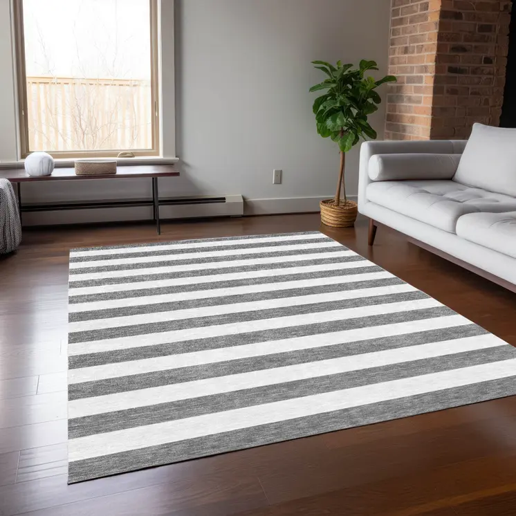 9' X 12' Gray and White Striped Washable Non Skid Indoor Outdoor Area Rug