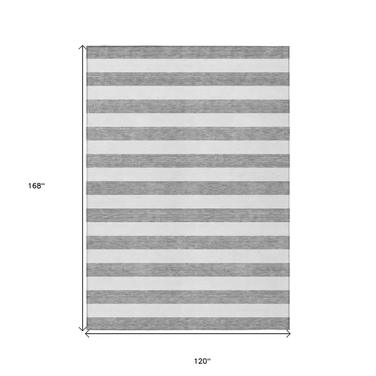 10' X 14' Gray and White Striped Washable Indoor Outdoor Area Rug
