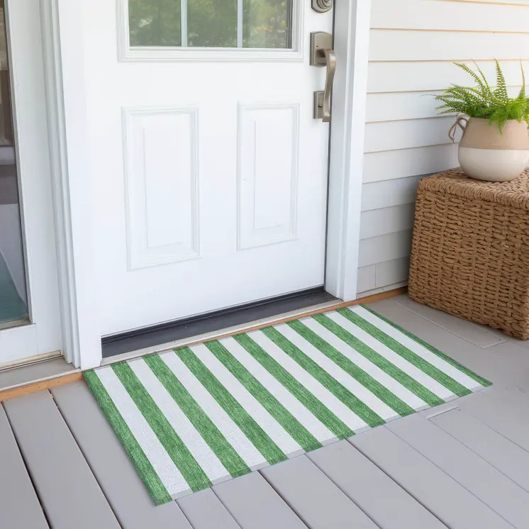 2' X 3' Green and White Striped Washable Indoor Outdoor Area Rug