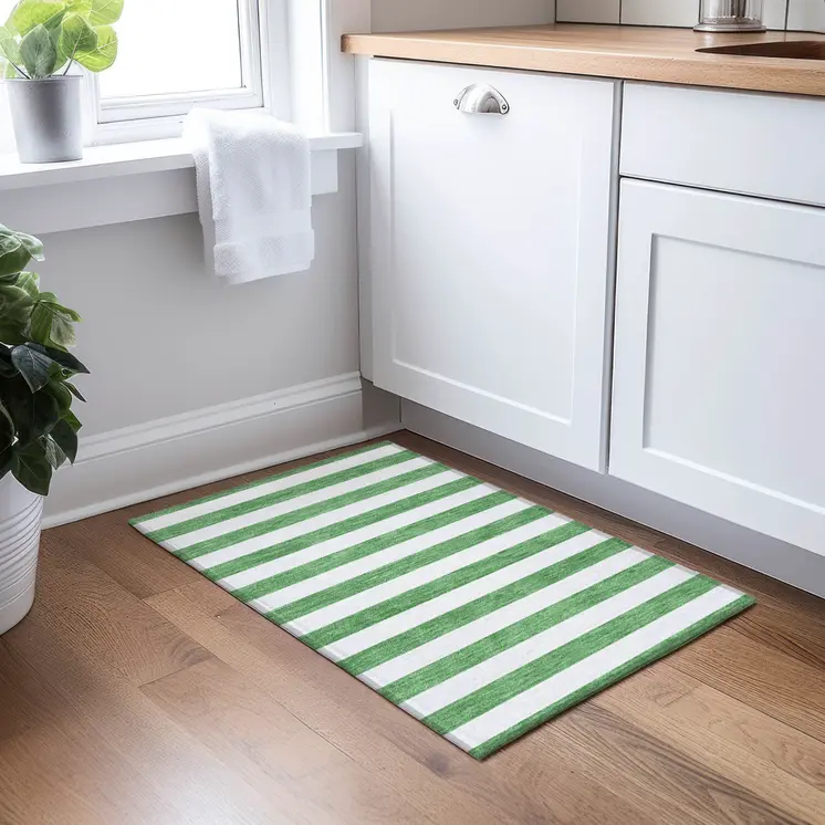 2' X 3' Green and White Striped Washable Indoor Outdoor Area Rug