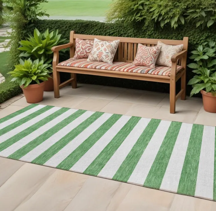 2' X 8' Green and White Striped Washable Indoor Outdoor Runner Rug