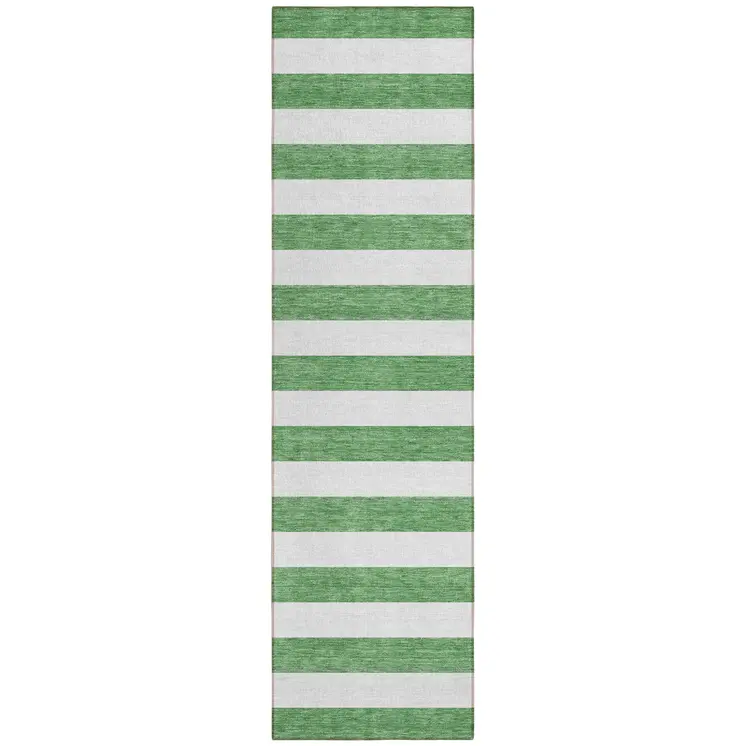 2' X 8' Green and White Striped Washable Indoor Outdoor Runner Rug
