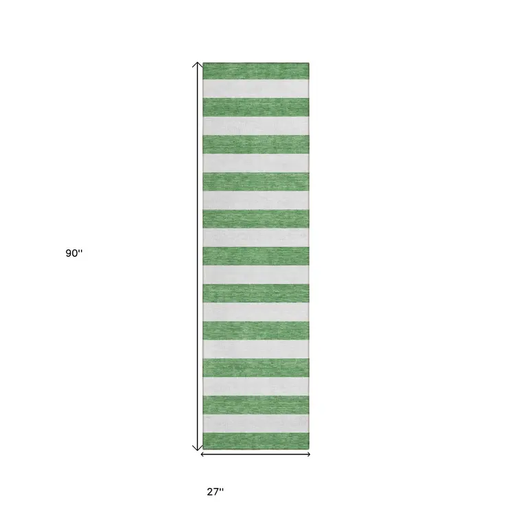 2' X 8' Green and White Striped Washable Indoor Outdoor Runner Rug