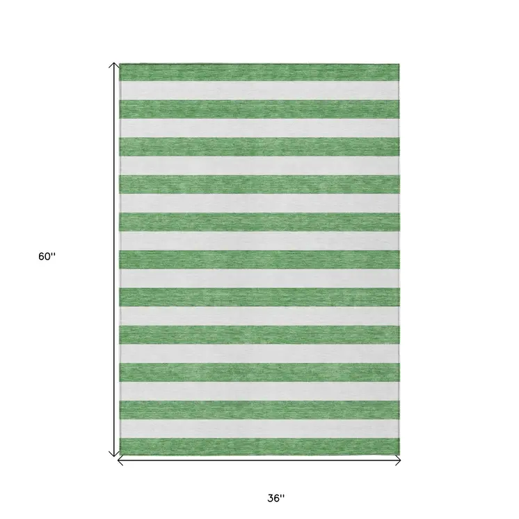 3' X 5' Green and White Striped Washable Indoor Outdoor Area Rug