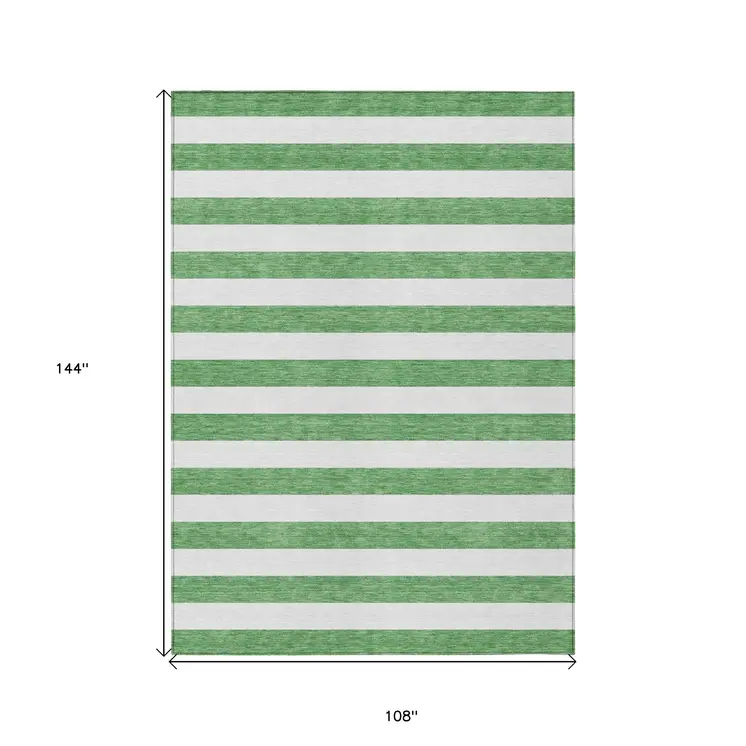 9' X 12' Green and White Striped Washable Indoor Outdoor Area Rug