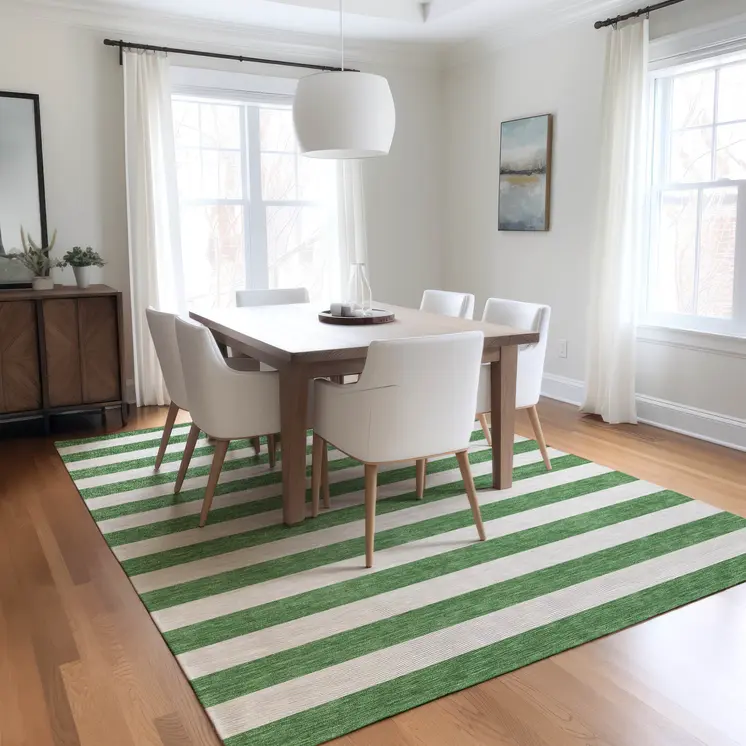 9' X 12' Green and White Striped Washable Indoor Outdoor Area Rug