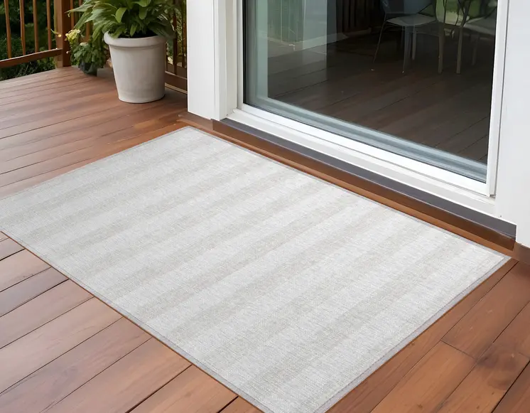 2' X 3' Ivory Striped Washable Indoor Outdoor Area Rug