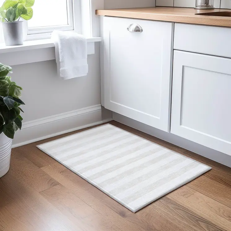 2' X 3' Ivory Striped Washable Indoor Outdoor Area Rug