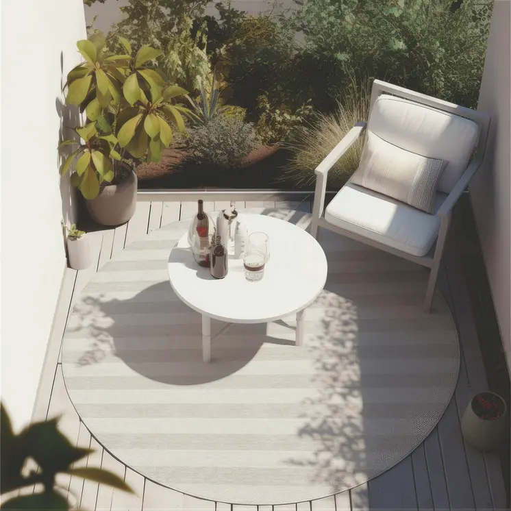 8' X 8' Ivory Round Striped Washable Indoor Outdoor Area Rug