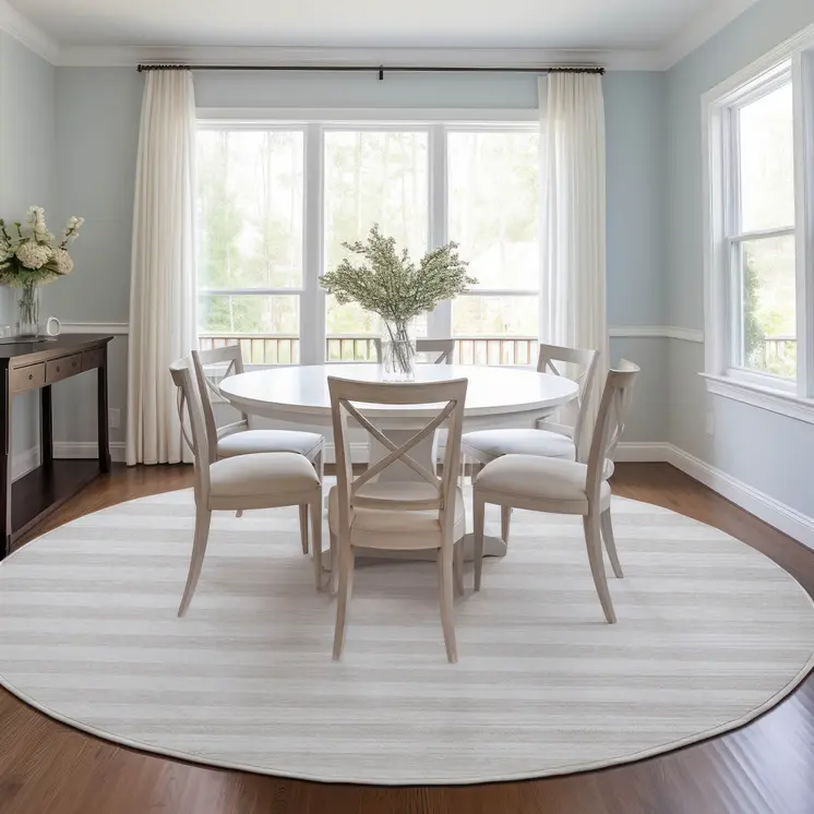 8' X 8' Ivory Round Striped Washable Indoor Outdoor Area Rug