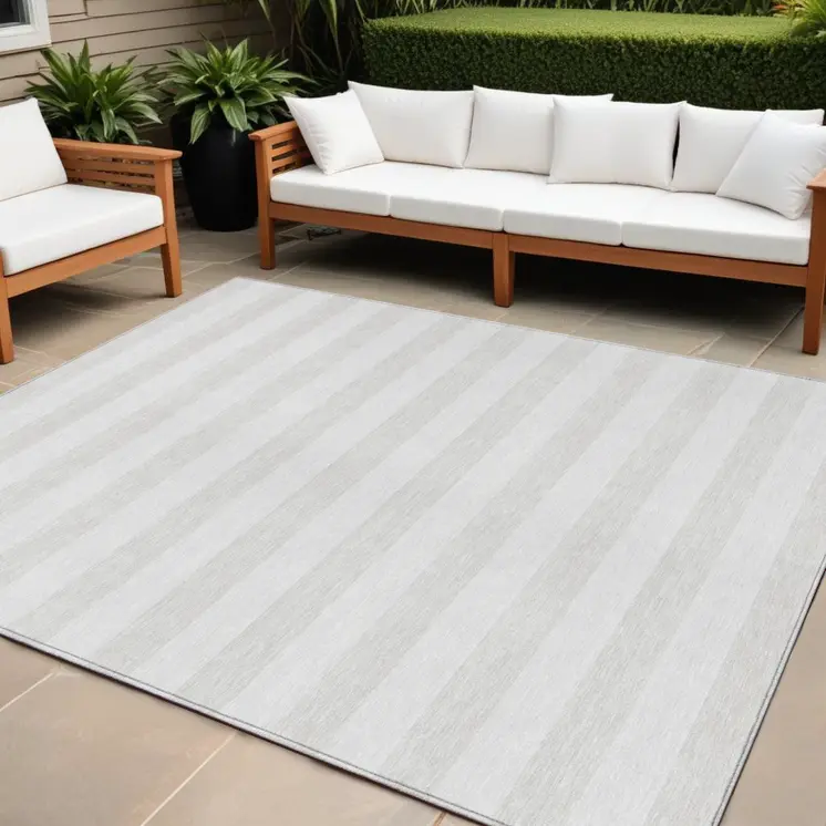 10' X 14' Ivory Striped Washable Indoor Outdoor Area Rug