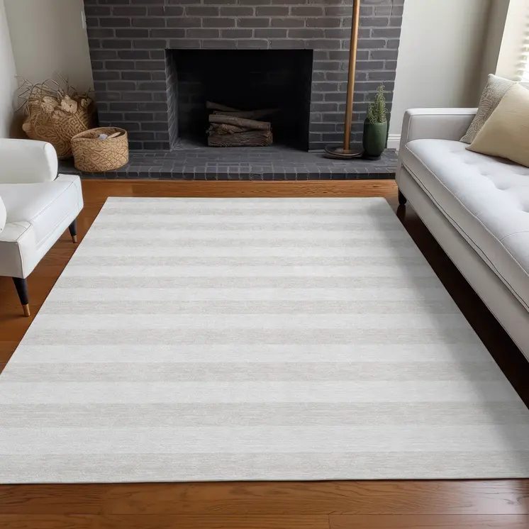 10' X 14' Ivory Striped Washable Indoor Outdoor Area Rug