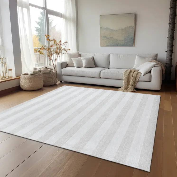 10' X 14' Ivory Striped Washable Indoor Outdoor Area Rug