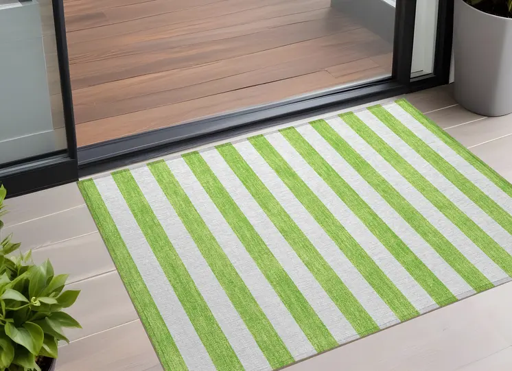 2' X 3' Lime Green and White Striped Washable Indoor Outdoor Area Rug