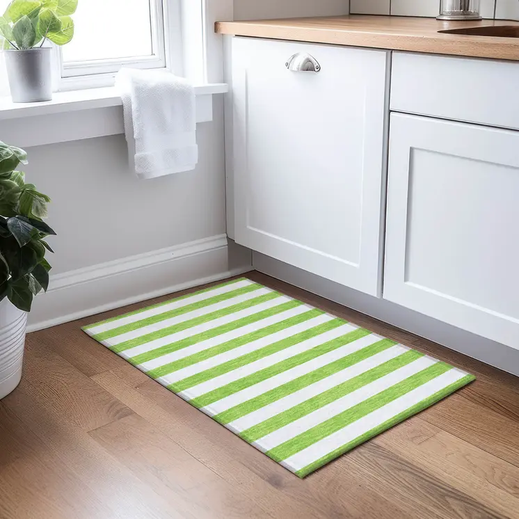 2' X 3' Lime Green and White Striped Washable Indoor Outdoor Area Rug