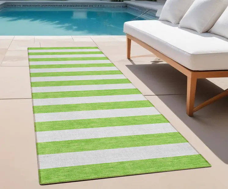 2' X 8' Lime Green and White Striped Washable Indoor Outdoor Runner Rug