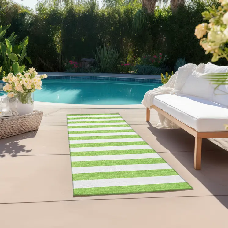 2' X 8' Lime Green and White Striped Washable Indoor Outdoor Runner Rug