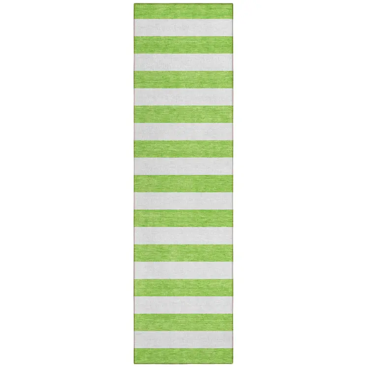 2' X 8' Lime Green and White Striped Washable Indoor Outdoor Runner Rug