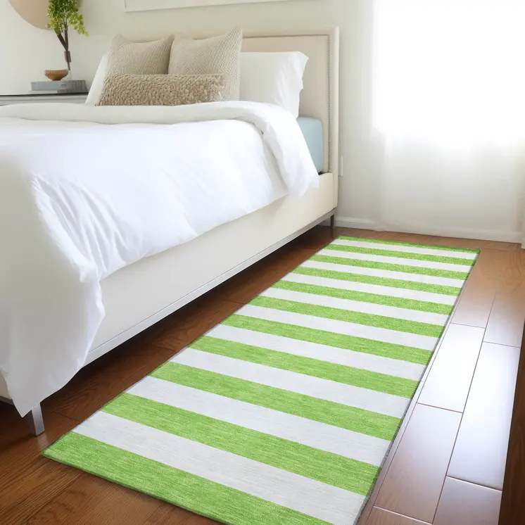 2' X 8' Lime Green and White Striped Washable Indoor Outdoor Runner Rug