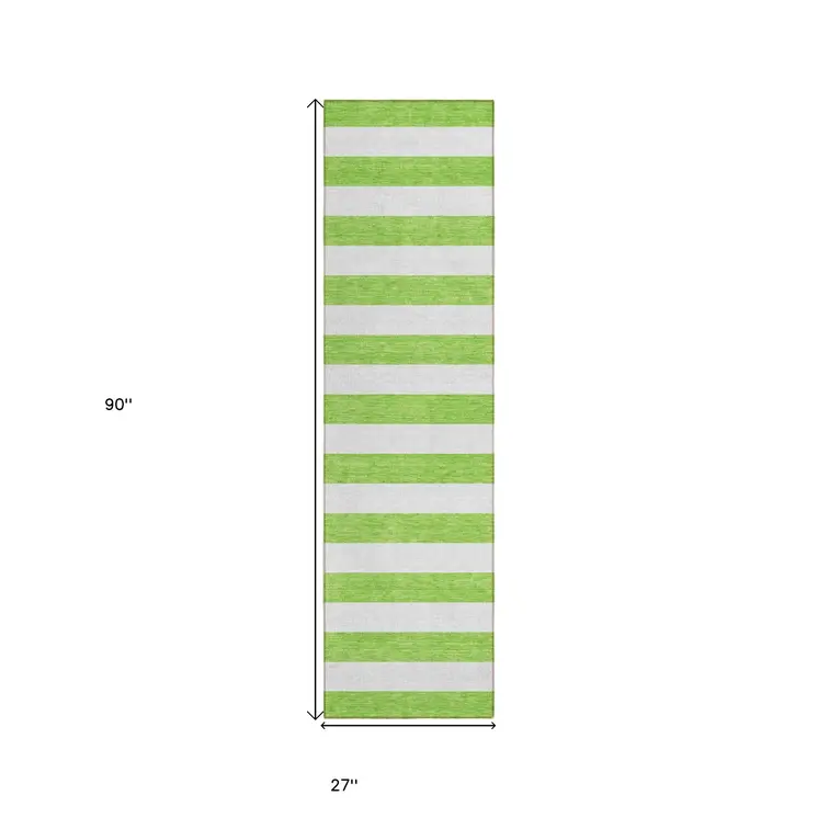 2' X 8' Lime Green and White Striped Washable Indoor Outdoor Runner Rug