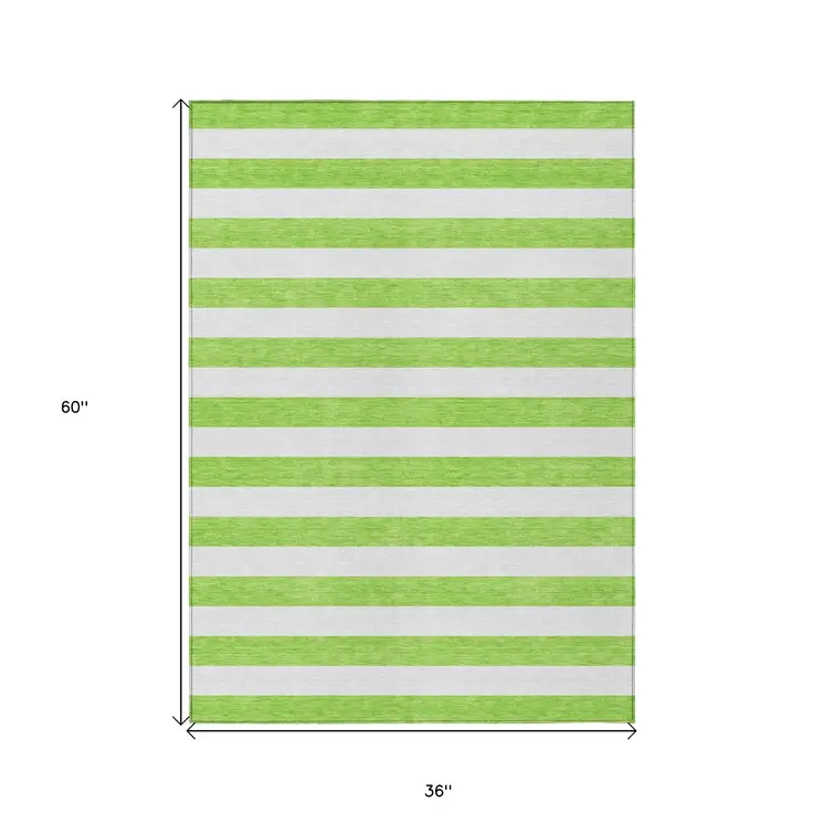 3' X 5' Lime Green and White Striped Washable Indoor Outdoor Area Rug