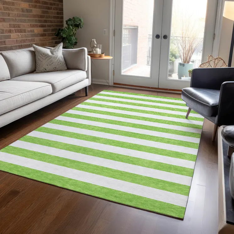 5' X 8' Green and White Striped Washable Non Skid Indoor Outdoor Area Rug