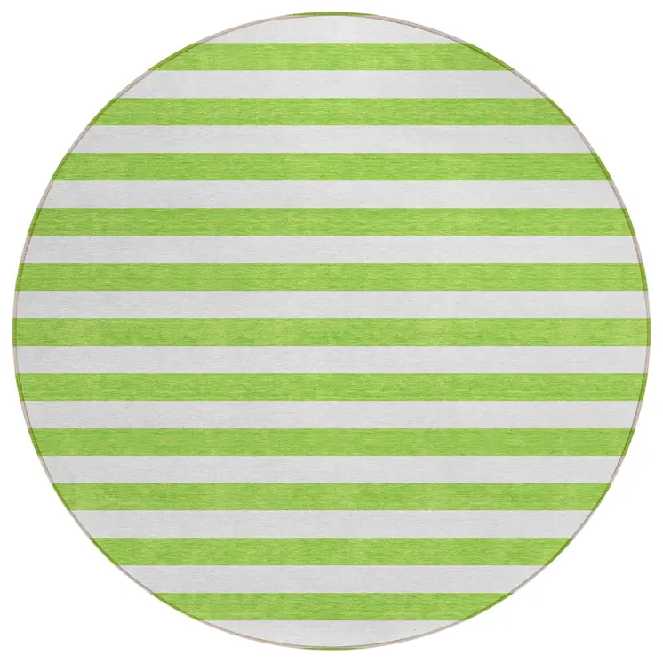 8' Round Green and White Round Striped Washable Non Skid Indoor Outdoor Area Rug