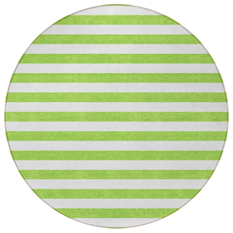 8' Round Green and White Round Striped Washable Non Skid Indoor Outdoor Area Rug