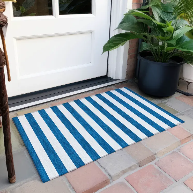 2' X 3' Navy Blue Striped Washable Non Skid Indoor Outdoor Area Rug