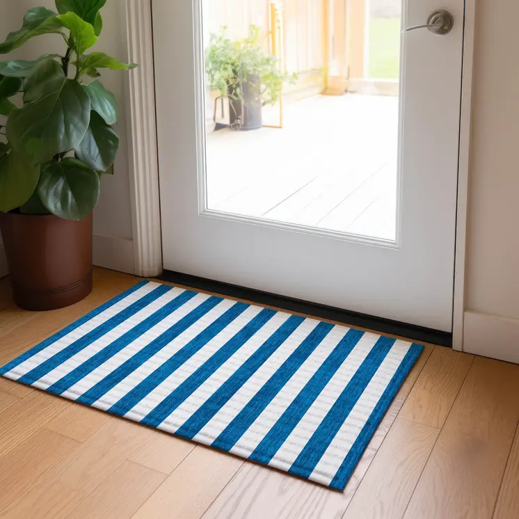 2' X 3' Navy Blue Striped Washable Non Skid Indoor Outdoor Area Rug
