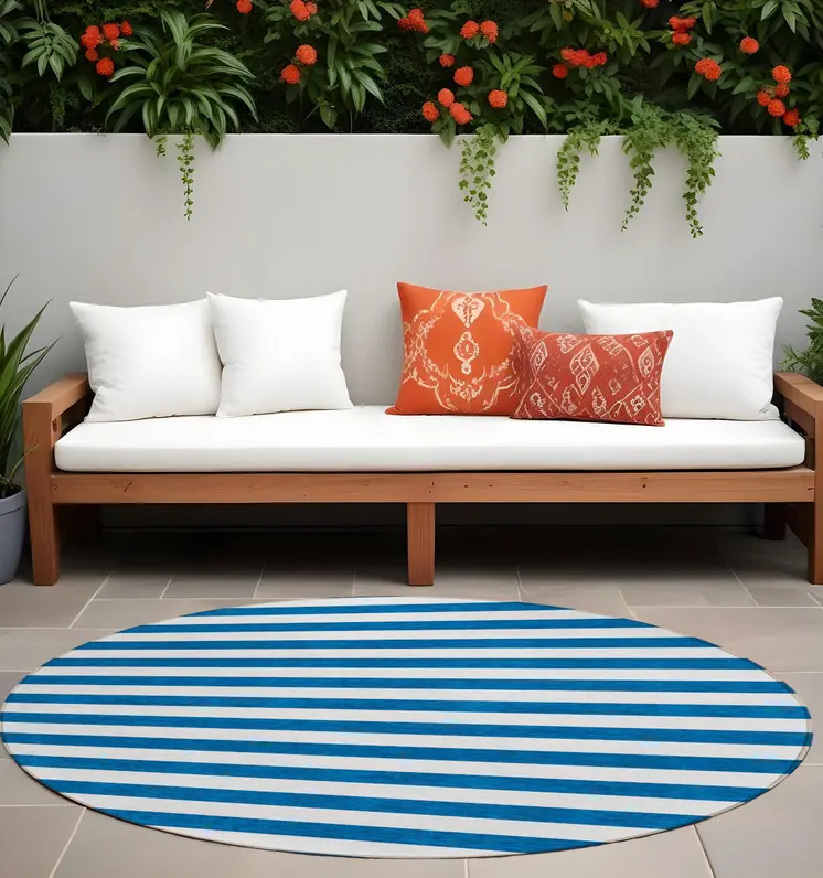 8' Round Navy Blue Round Striped Washable Non Skid Indoor Outdoor Area Rug