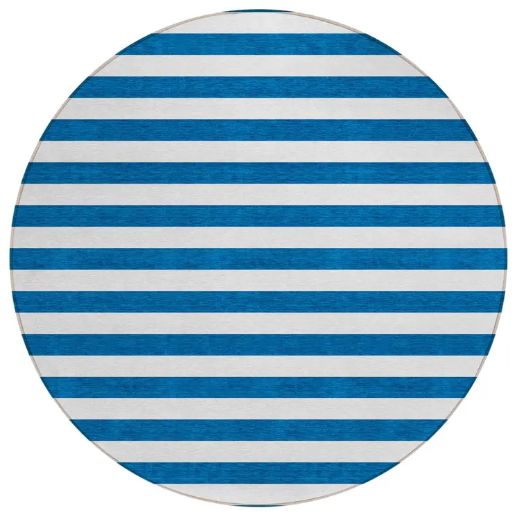 8' Round Navy Blue Round Striped Washable Non Skid Indoor Outdoor Area Rug