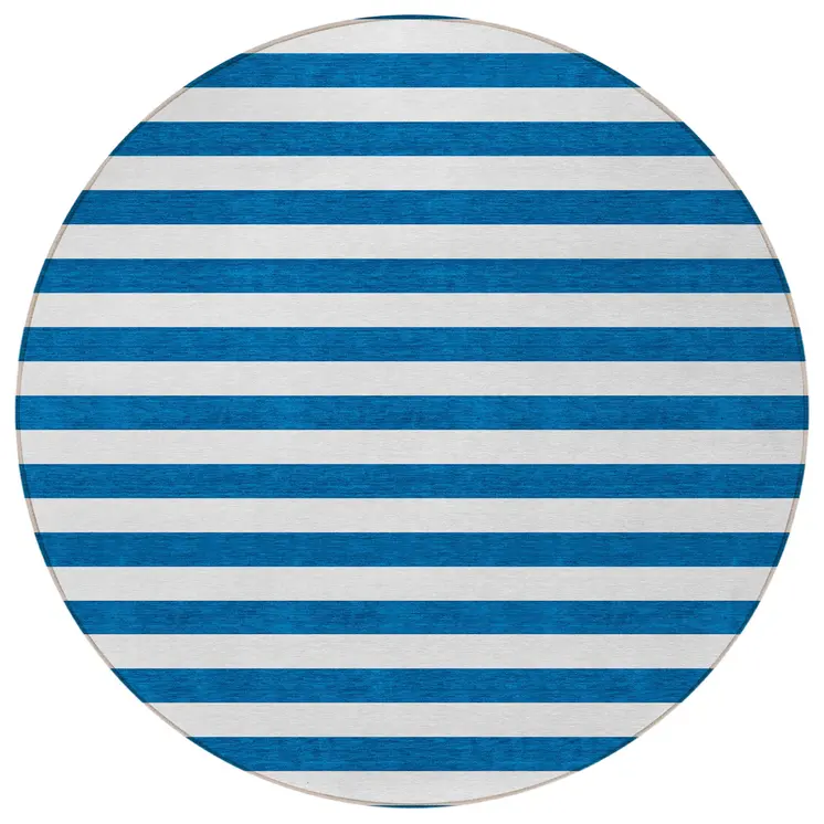 8' Round Navy Blue Round Striped Washable Non Skid Indoor Outdoor Area Rug