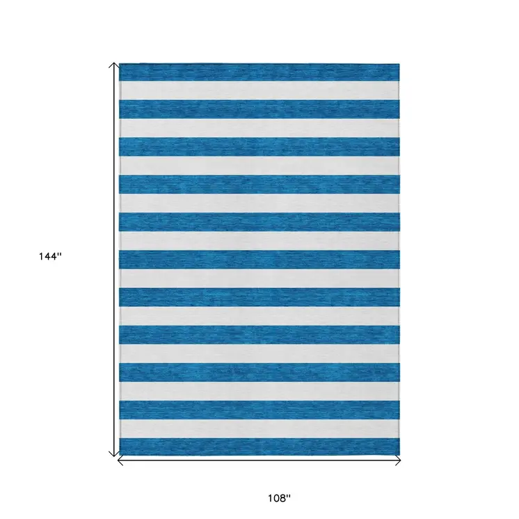 9' X 12' Navy Blue Striped Washable Non Skid Indoor Outdoor Area Rug
