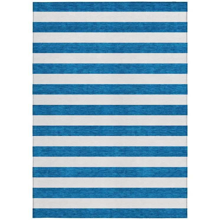 10' X 14' Navy Blue Striped Washable Non Skid Indoor Outdoor Area Rug