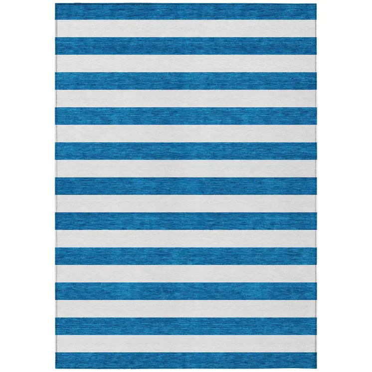 10' X 14' Navy Blue Striped Washable Non Skid Indoor Outdoor Area Rug